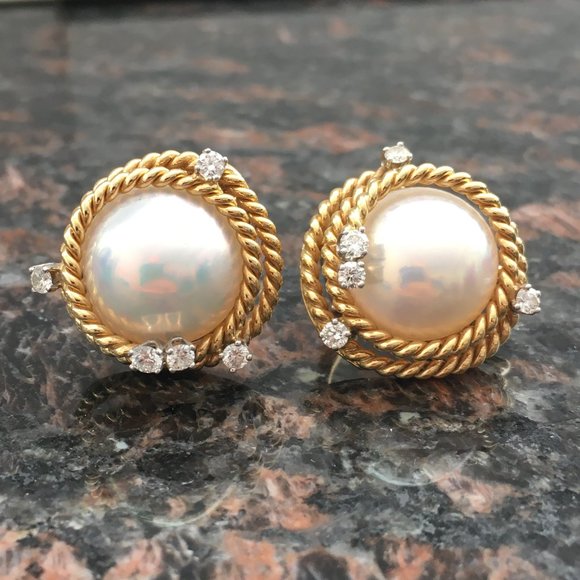 Tiffany & Co. Jewelry - Tiffany & Co. 18K Yellow Gold Platinum Schlumberger Mabe Pearl Diamond Earrings